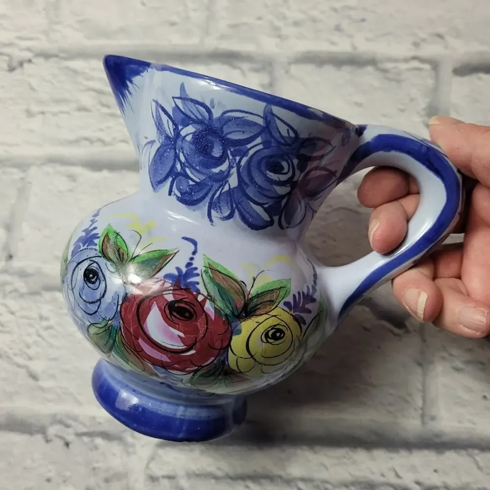 Vestal Alcobaca Signed & Numbered Small Blue Floral Pitcher made in Portugal 5